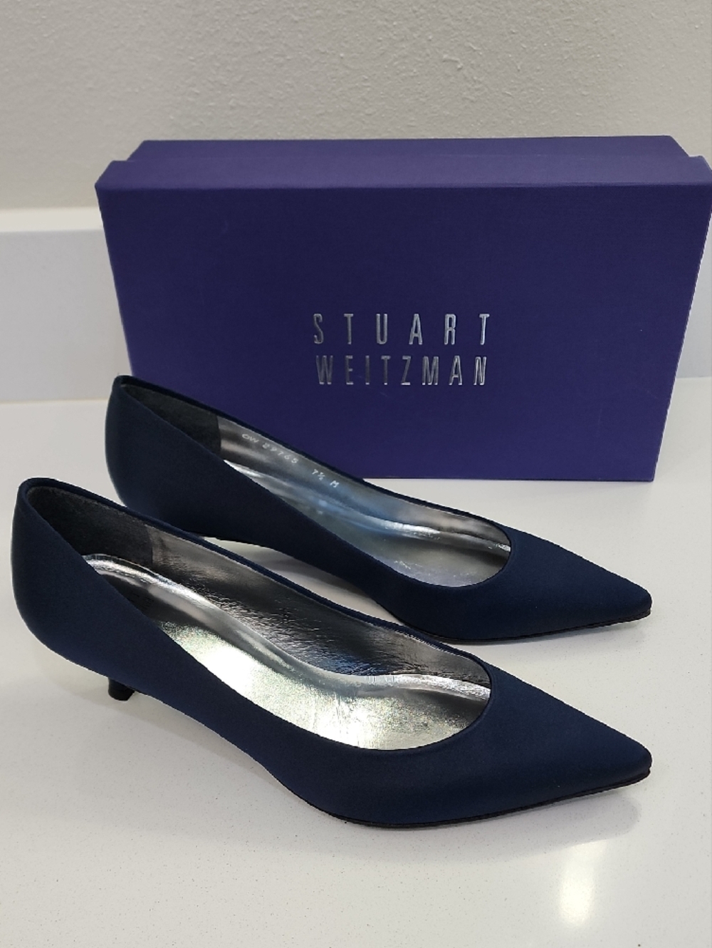 Stuart Weitzman Navy Pointed Satin Pumps